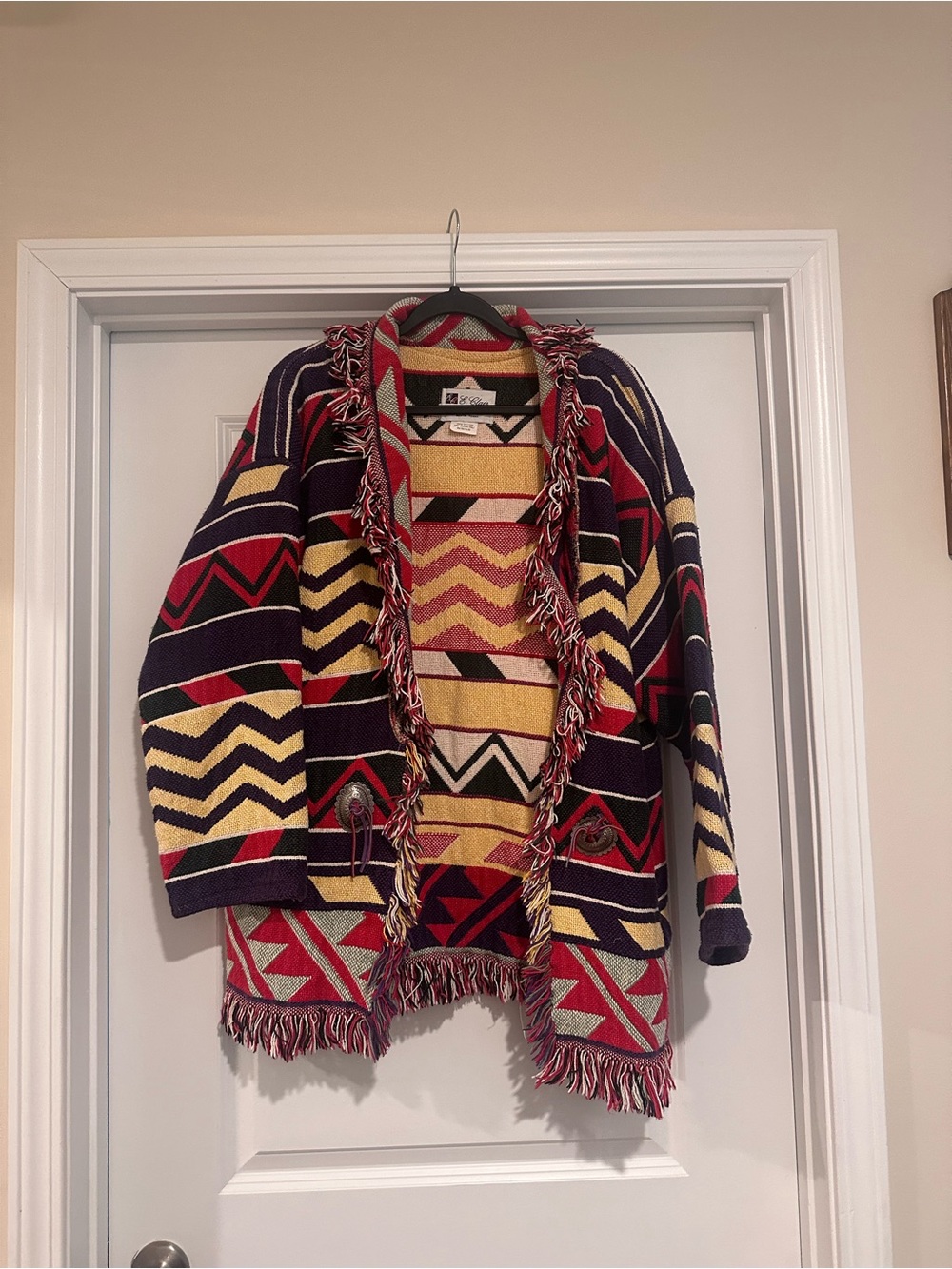 Fringed Aztec Knit Cardigan Sweater in Burgundy, Mustard & Navy